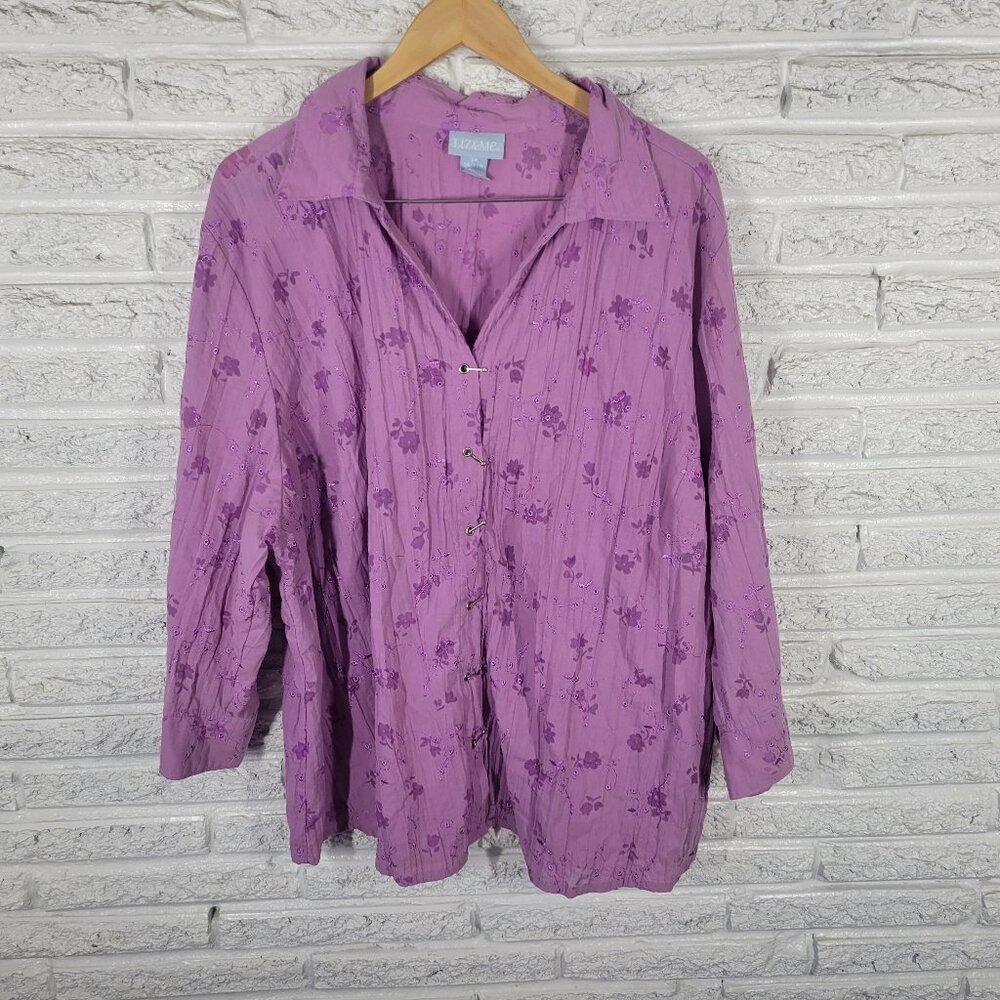 Liz & Me 3X 26W 28W Plus Size Lavender Floral Eyelet 3/4 Sleeve Top Clasp FLO63E